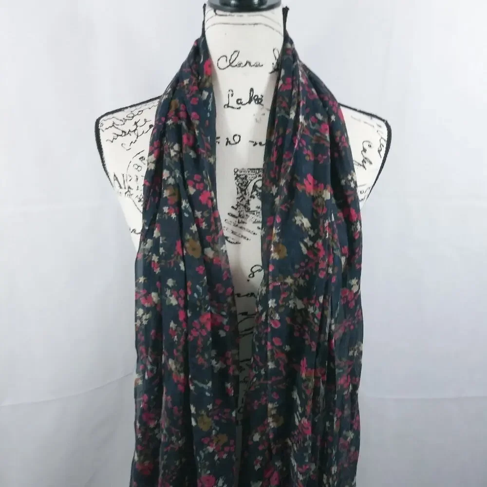 Blue Red Floral Scarf Wrap With Fringe